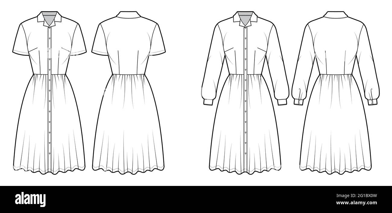 Set of Dresses shirt technical fashion illustration with short long sleeves, camp collar, knee length full skirt, button closure. Flat apparel front, back, white color style. Women, men unisex CAD Stock Vector