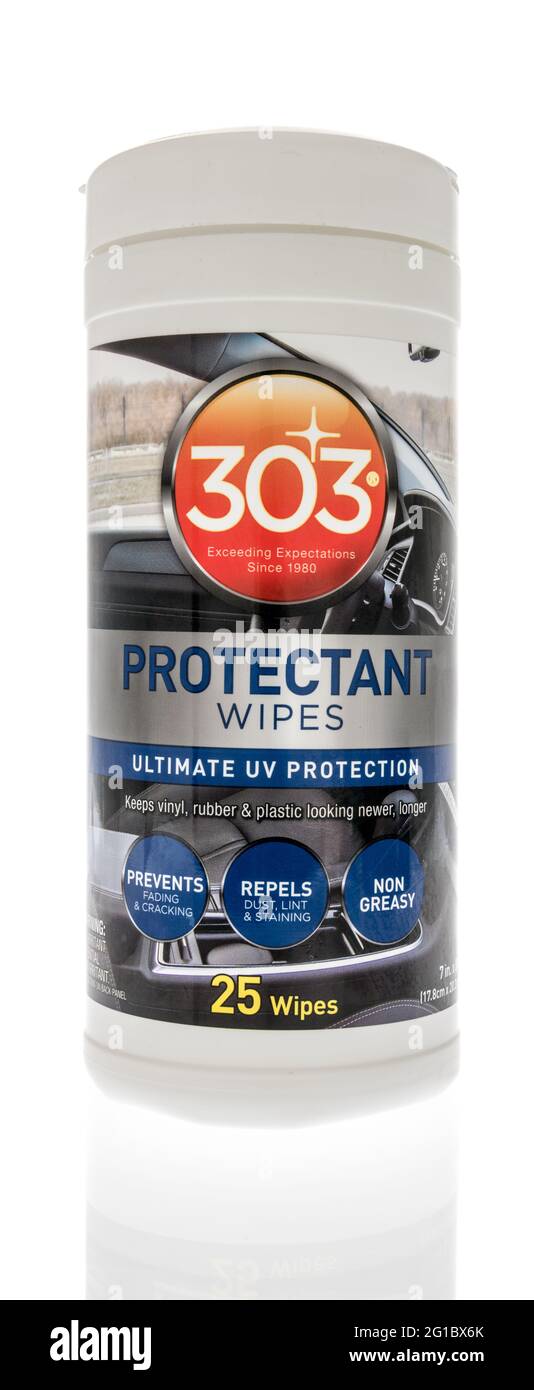 Winneconne, WI - 29 May 2021:  A bottle of 303 protectant wipes on an isolated background Stock Photo