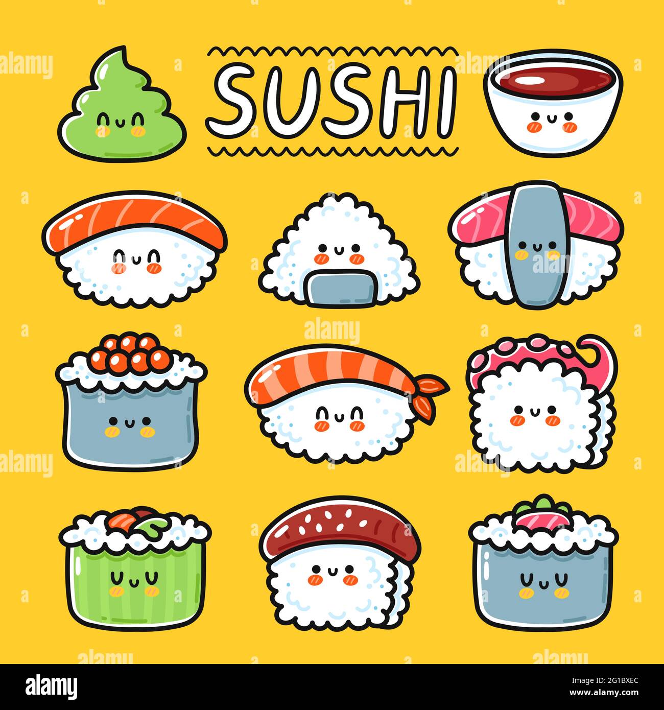 Cute funny happy sushi, maki, rolls cartoon character set collection. Vector hand drawn line kawaii character illustration icon. Cartoon kawaii cute sushi, asian food restaurant menu concept Stock Vector