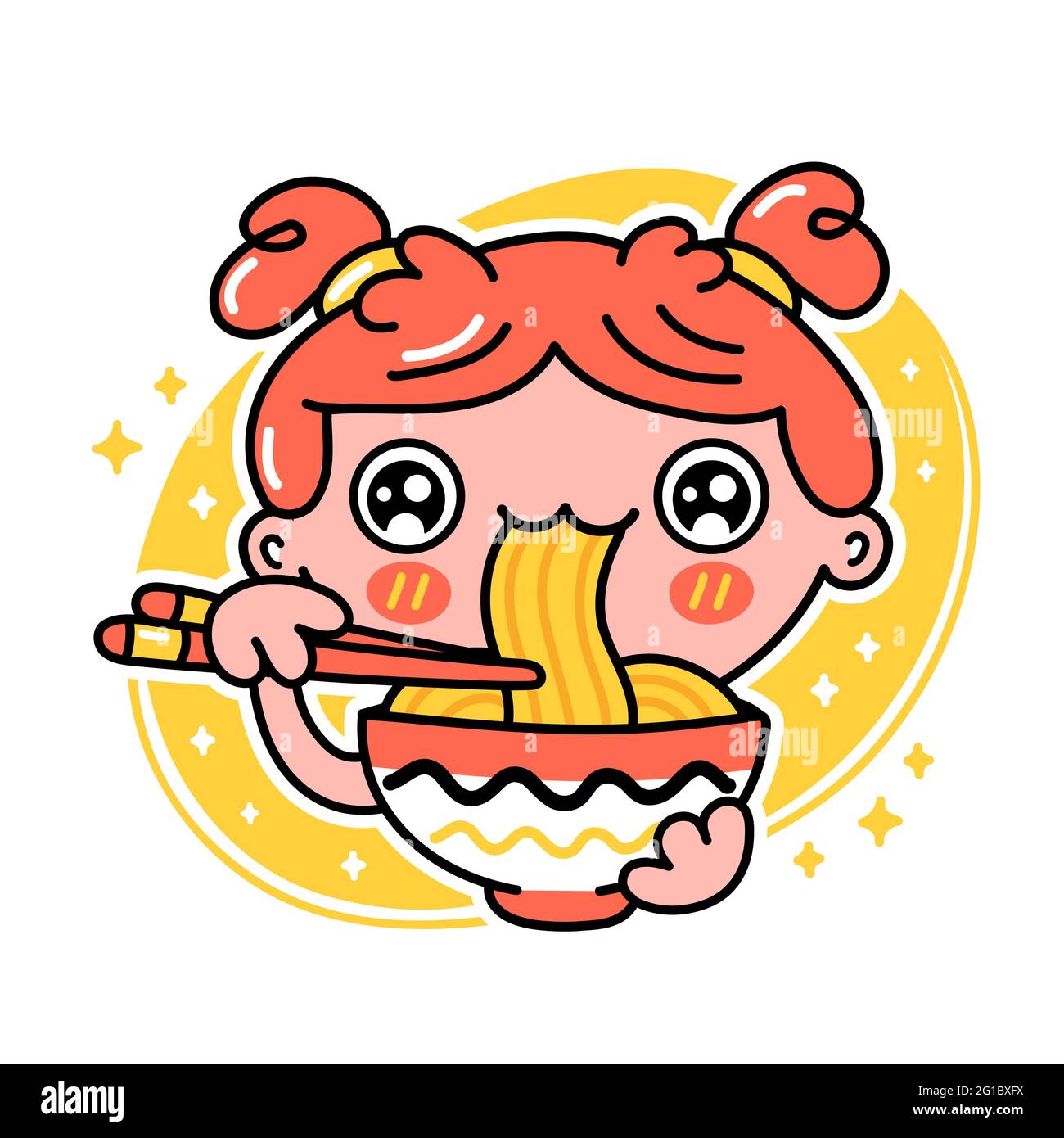 Cute funny girl eat noodles from bowl. Vector hand drawn cartoon kawaii  character illustration icon. Isolated on white background. Asian food,  japanese,korean noodle mascot cartoon character concept Stock Vector Image  & Art -