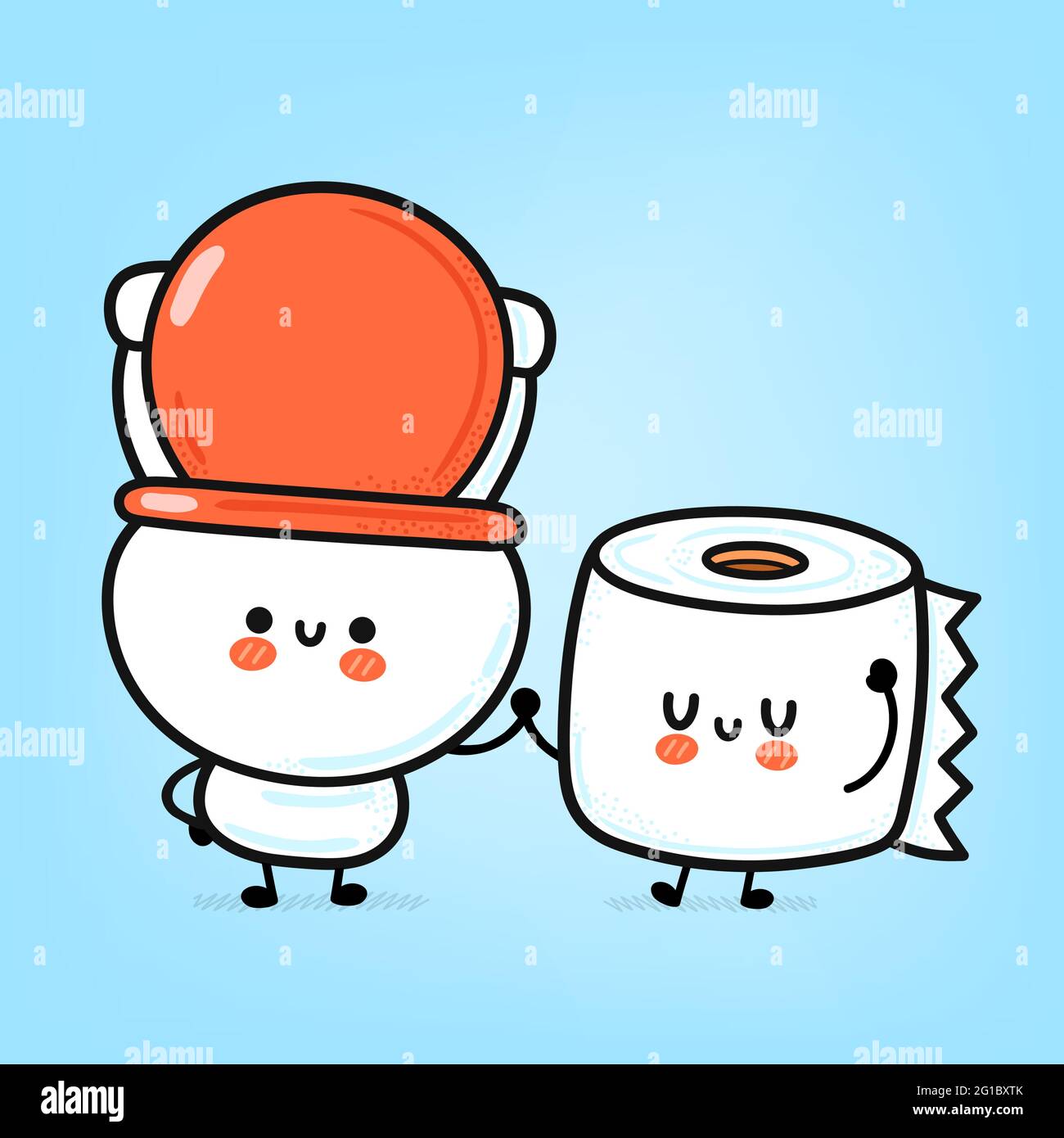 Cute funny happy white toilet bowl and paper roll. Vector hand drawn cartoon kawaii character illustration icon. Funny cartoon WC, toilet bowl and paper roll mascot character concept Stock Vector