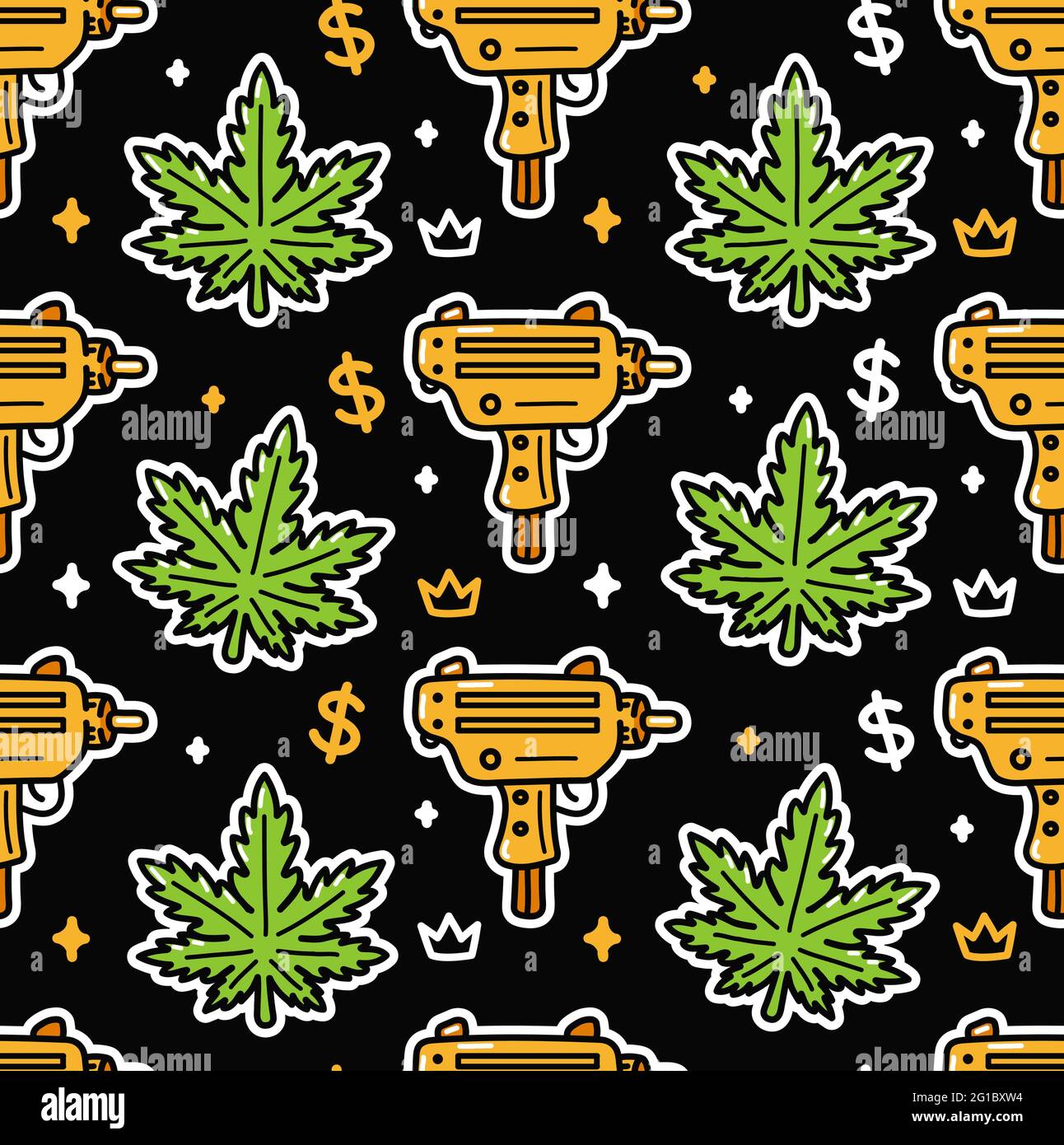 Weed leafs and gold submachine gun seamless pattern. Vector cartoon illustration icon design. Cannabis, gun, dollar cash symbol seamless pattern concept Stock Vector