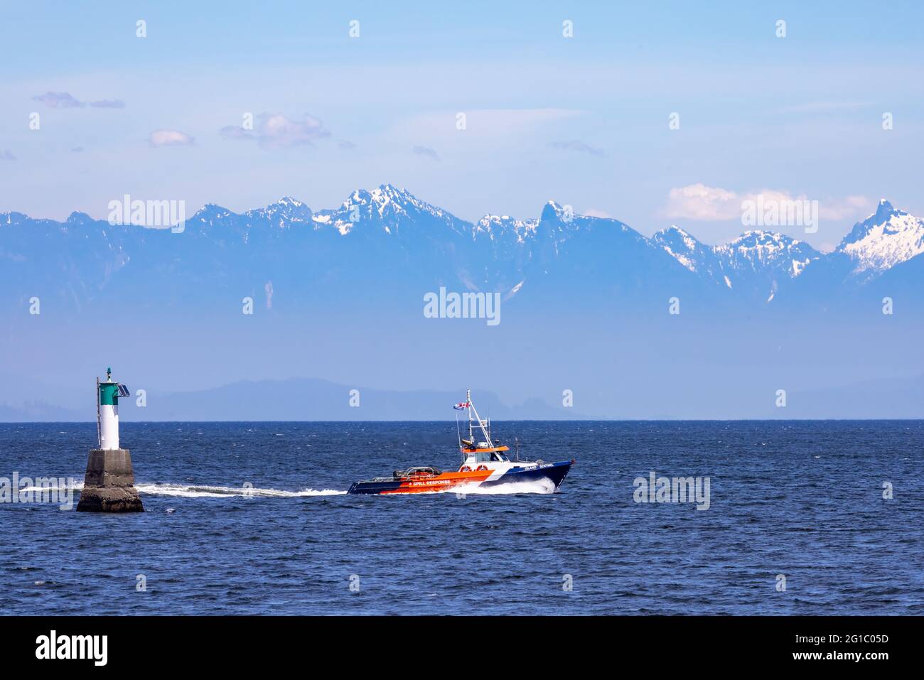 View of transport Canada's spill response boat of coast of Piper's Lagoon, Nanaimo, BC,Canada Stock Photo
