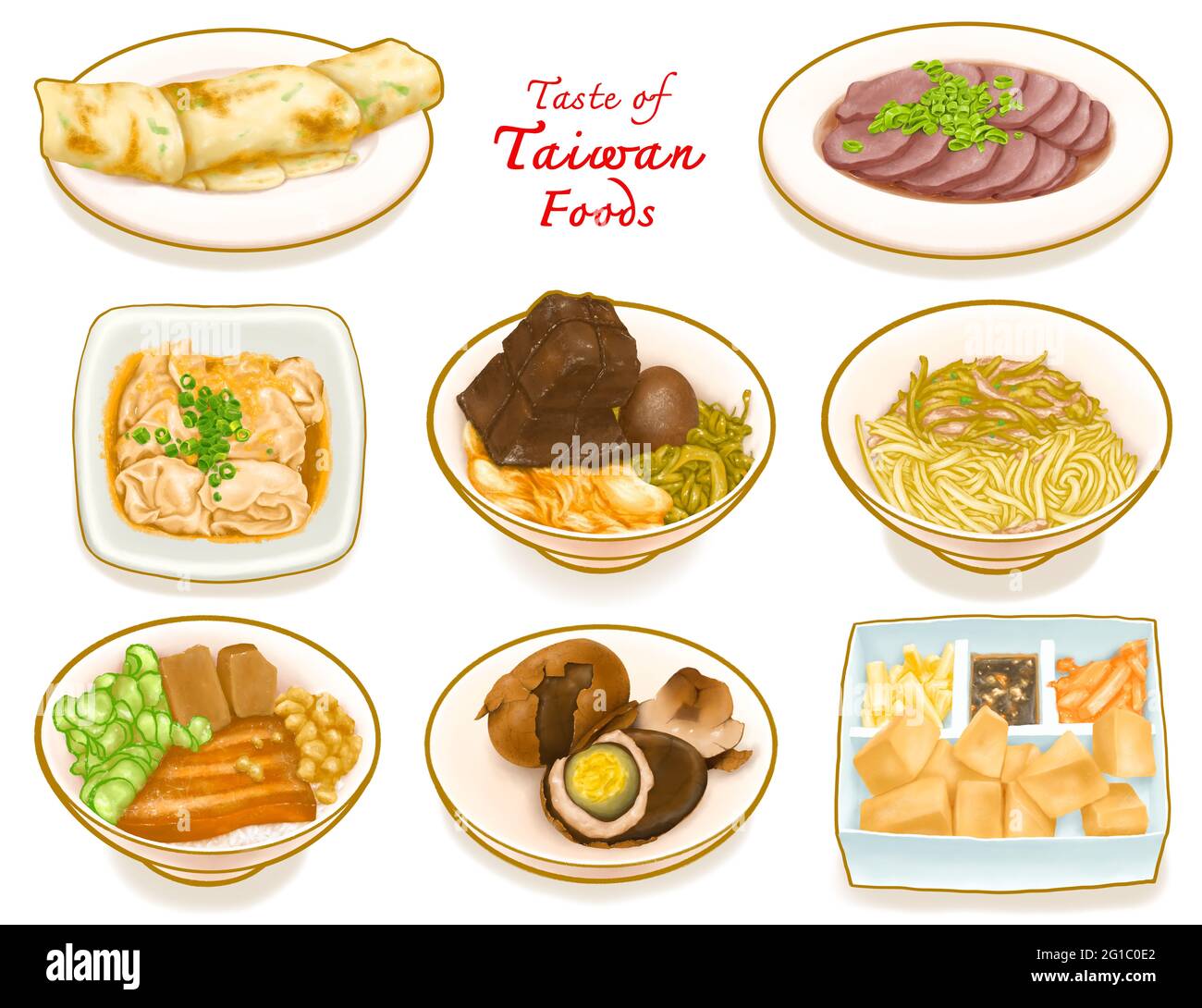 Taste of Taiwan food collection, digital painting of scallion pancake beef roll, sliced beef, tea egg, stinky tofu wonton, braised pork rice, dried no Stock Photo