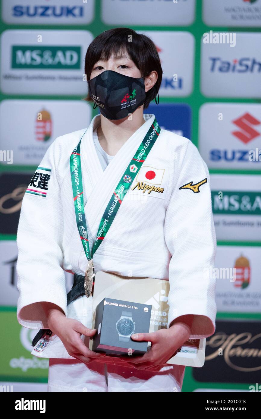 Japans Natsumi Tsunoda Women -48 kg during the award ceremony2021 World Judo Championships at Budapest Sports