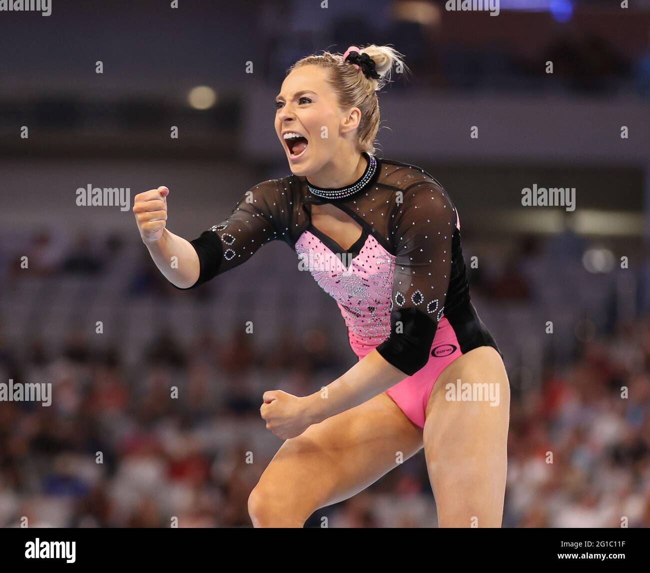 June 6, 2021: MyKayla Skinner pumps her first following her floor routine during Day 2 of the Senior Women's 2021 U.S. Gymnastics Championships at Dickies Arena in Fort Worth, TX. Kyle Okita/CSM Stock Photo