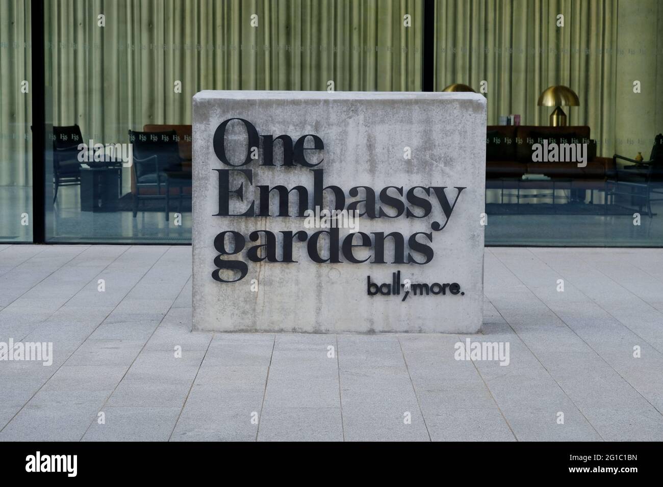 A sign for Embassy Gardens, a Ballymore luxury development situated in the Nine Elms redevelopment area in Vauxhall close to the new American Embassy. Stock Photo