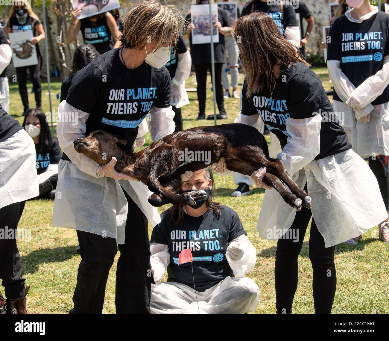 Los Angeles, USA. 6th June, 2021. People gather at Pan Pacific Park for the 11th Annual National Animal Rights Day. 06th June, 2021. The day highlights the need to give a voice Los Angeles, USA. 6th June, 2021. People gather at Pan Pacific Park for the 11th Annual National Animal Rights Day. 06th June, 2021. The day highlights the need to give a voice