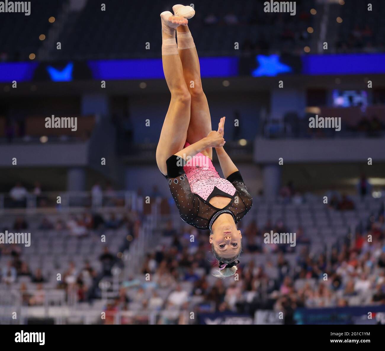 June 6, 2021: MyKayla Skinner twists in the air during her floor routine at Day 2 of the Senior Women's 2021 U.S. Gymnastics Championships at Dickies Arena in Fort Worth, TX. Kyle Okita/CSM Stock Photo