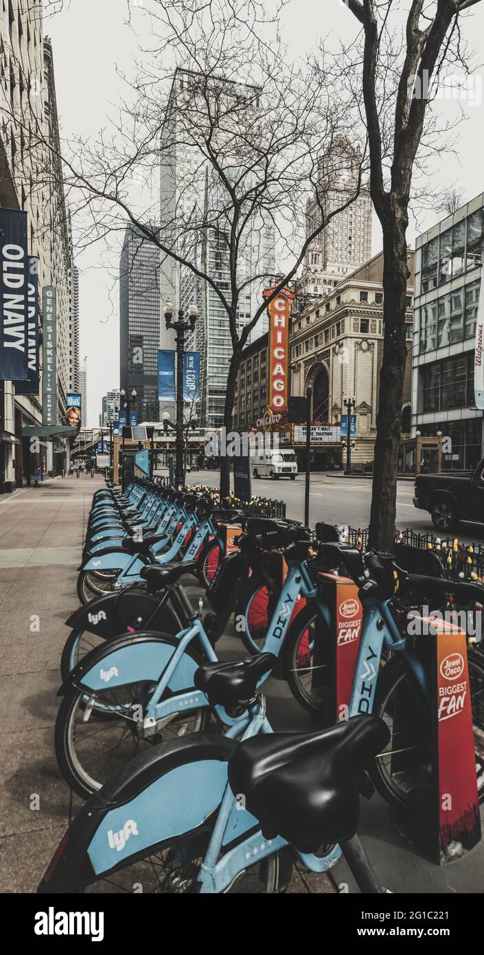 City bikes for rental parked on the street, Chicago, Illinois at