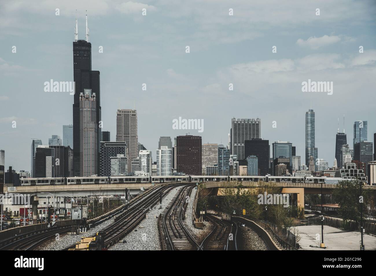 Chicago Skyline at Sunset, vintage style. City Chicago architecture view Stock Photo