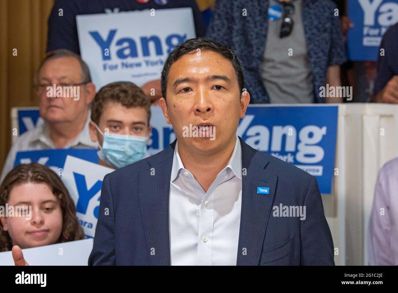 NEW YORK, NY – JUNE 06: Mayoral candidate Andrew Yang Holds media availability speaking about Rep. Alexandria Ocasio-Cortez's endorsement of Maya Wiley on June 6, 2021 in New York City.   Andrew Yang says that we need the police and 'There is no public safety without the police.'  In reference to Ms. Wiley: 'We can't keep going back to the well of the same people that run our city to the ground and expect things to change.'  In regards to Rep. Ocasio-Cortez: 'AOC has a lot of people that support and follow her and I look forward to working with her after I am mayor to solve the problems that a Stock Photo