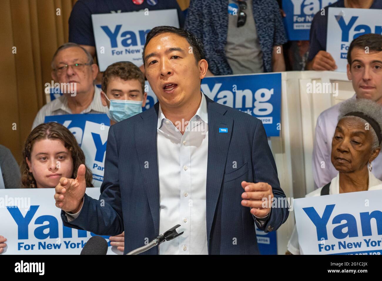 NEW YORK, NY – JUNE 06: Mayoral candidate Andrew Yang Holds media availability speaking about Rep. Alexandria Ocasio-Cortez's endorsement of Maya Wiley on June 6, 2021 in New York City.   Andrew Yang says that we need the police and 'There is no public safety without the police.'  In reference to Ms. Wiley: 'We can't keep going back to the well of the same people that run our city to the ground and expect things to change.'  In regards to Rep. Ocasio-Cortez: 'AOC has a lot of people that support and follow her and I look forward to working with her after I am mayor to solve the problems that a Stock Photo