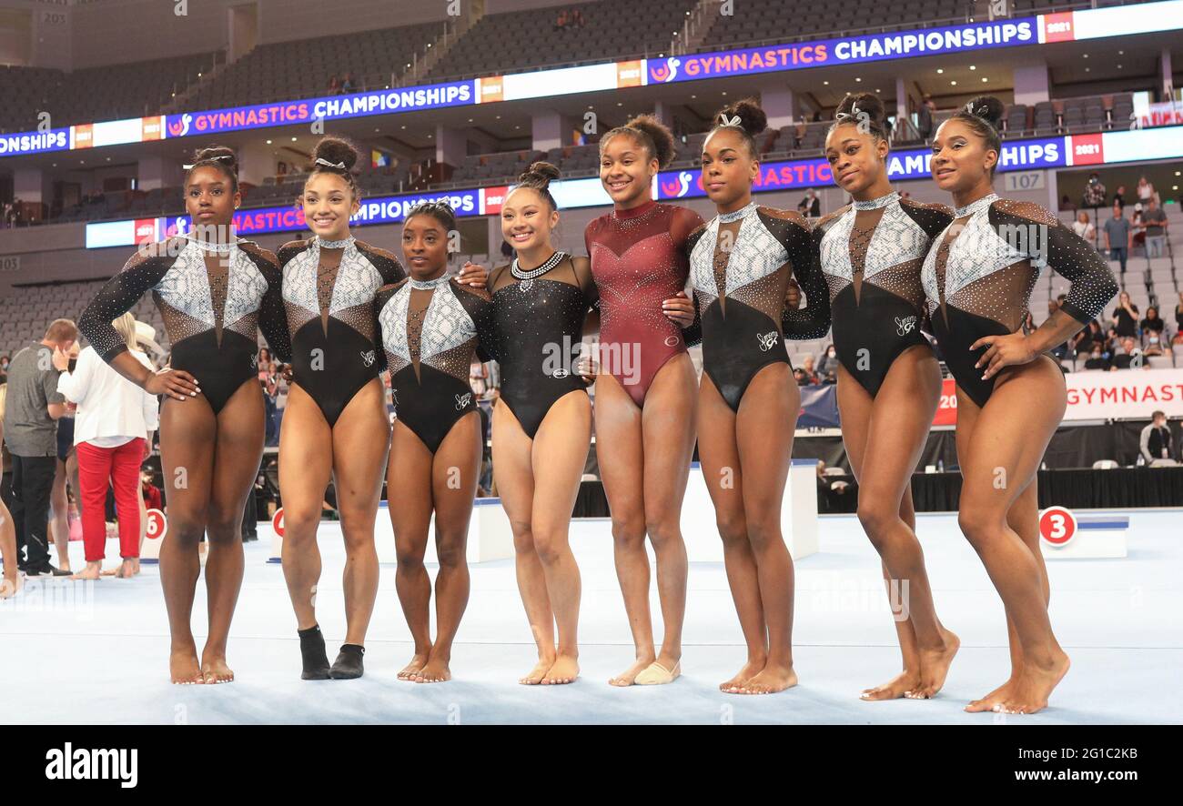 June 6 21 Gymnasts On The Us National Team From The State Of Texas Pose Together During Day 2 Of The Senior Women S 21 U S Gymnastics Championships At Dickies Arena In Fort