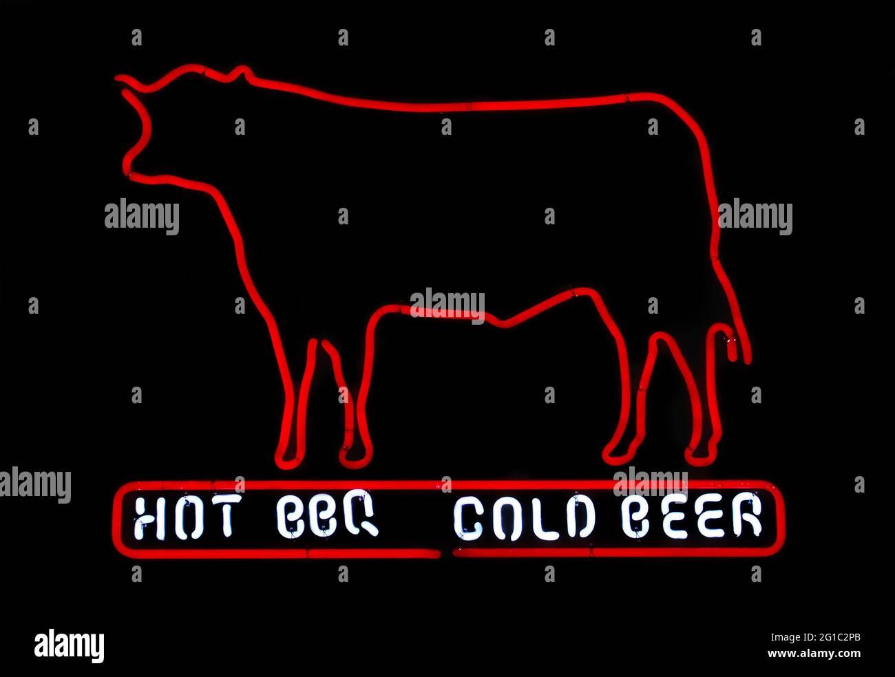 Neon Cold Beer and BBQ with Cow Photo Composite Stock Photo
