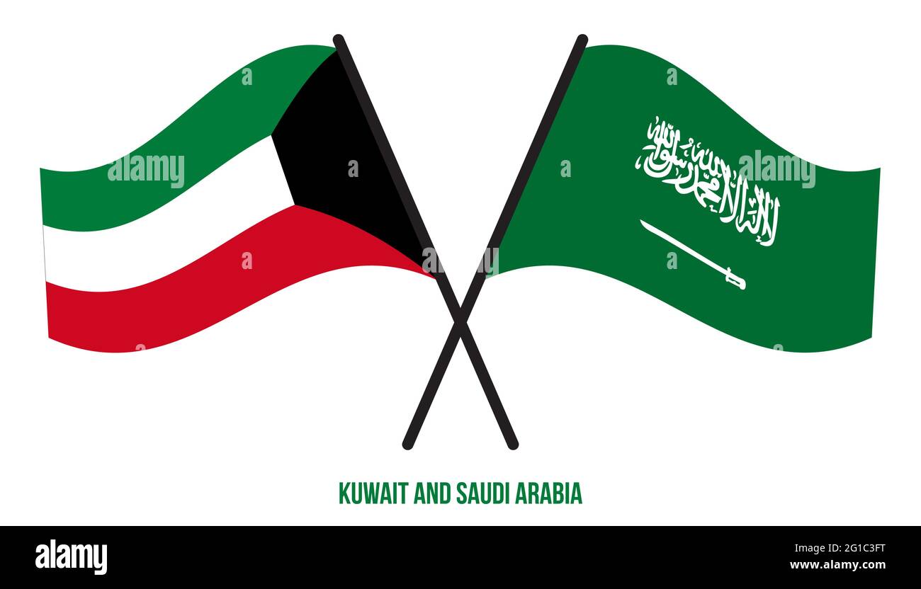 Kuwait and Saudi Arabia Flags Crossed And Waving Flat Style. Official ...