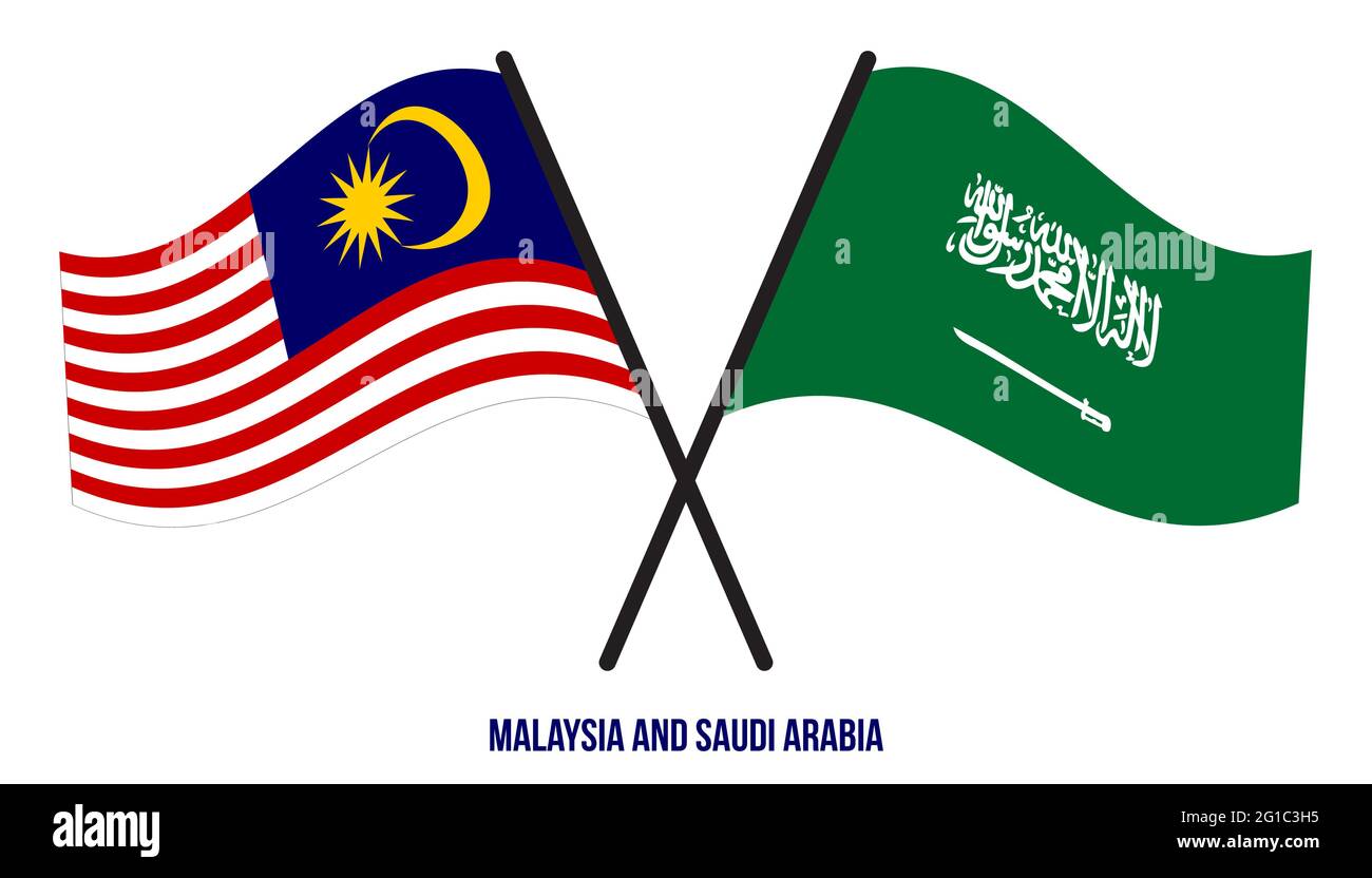 Malaysia and Saudi Arabia Flags Crossed And Waving Flat Style. Official Proportion. Correct Colors. Stock Vector