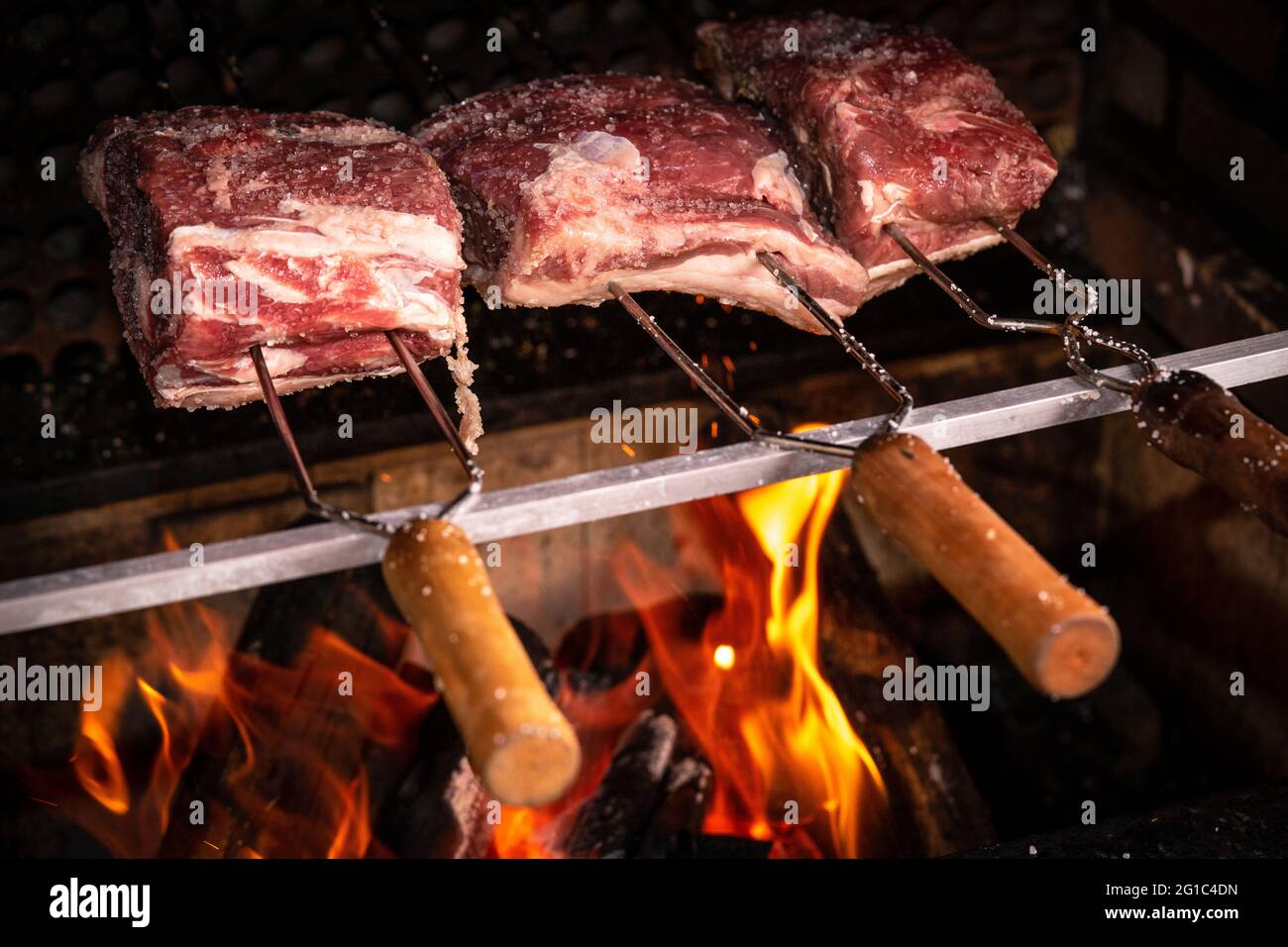 Traditional Brazilian barbecue grilled with rock salt. Redhot fire