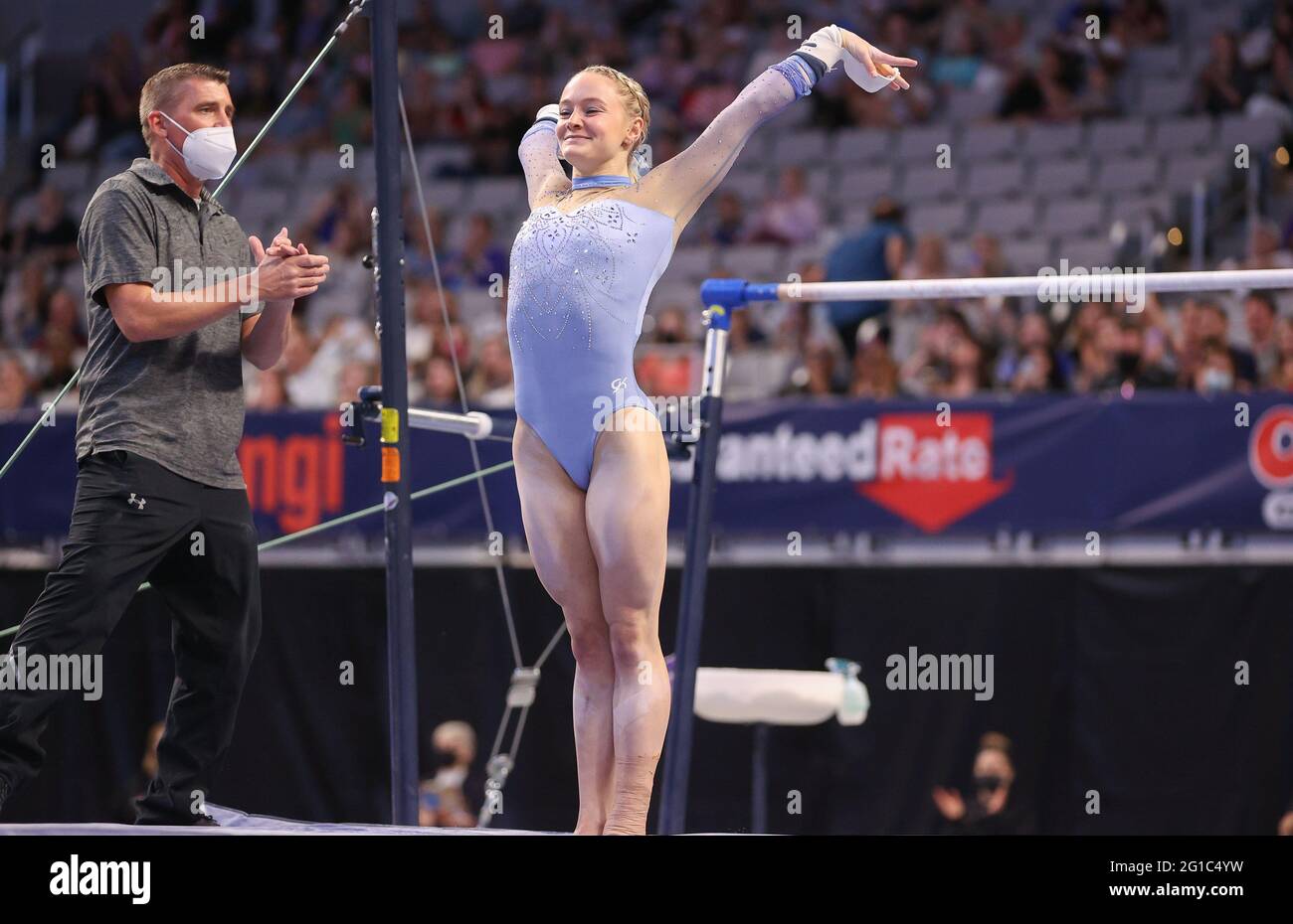 June 6, 2021 Riley McCustker smiles as she salutes the judges