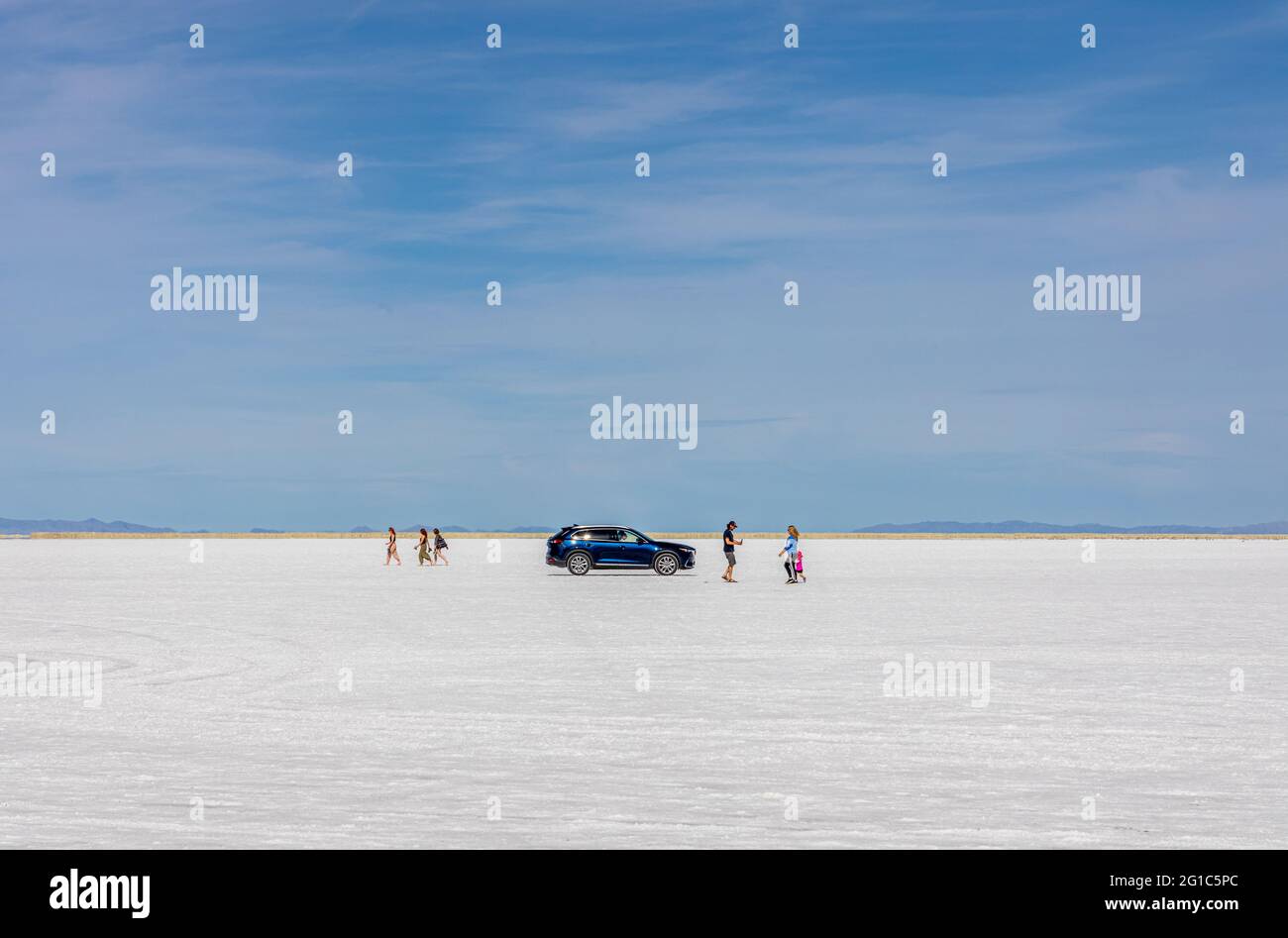 Bonneville Salt Flats, Utah - May 30, 2021:  People and cars enjoying the flats Stock Photo