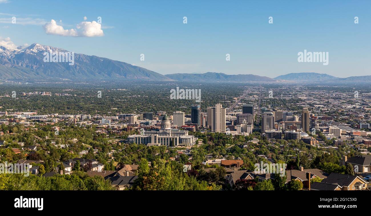 Salt Lake City, Utah, panorama with the Capital Building viewed from Ensign Peak Stock Photo
