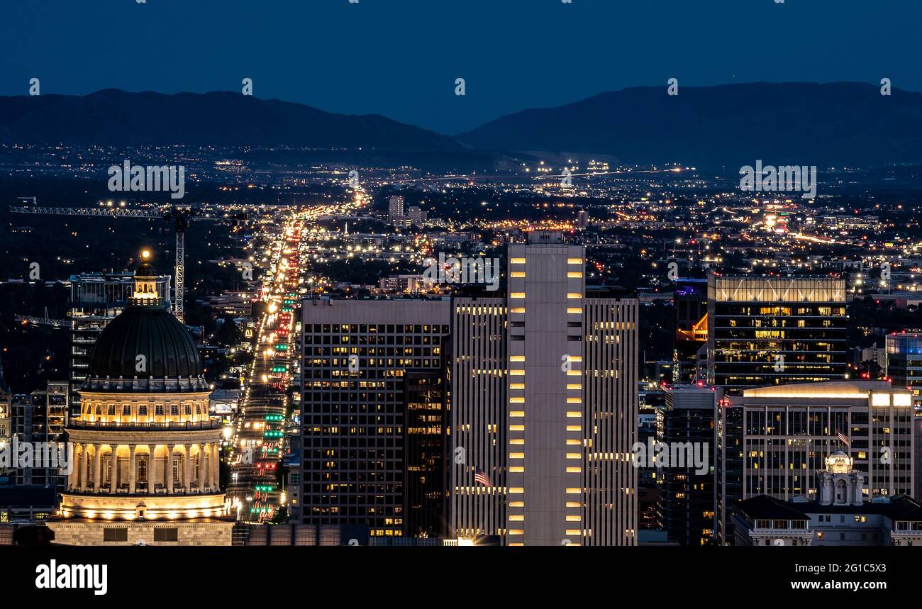 Salt Lake City, Utah, night panorama with the Capital Building viewed from Ensign Peak Stock Photo