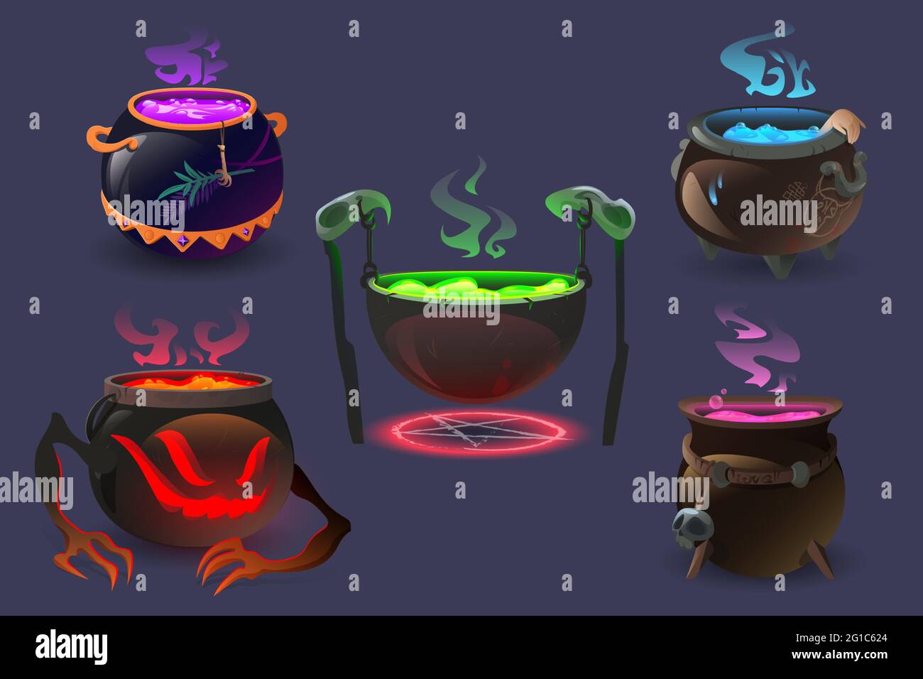 Witch cauldrons with magic potions and elixir boiling. Wizard pots with colorful liquid and smoke. Ui design elements for computer game, magician poison brew, decoction isolated Cartoon vector set Stock Vector