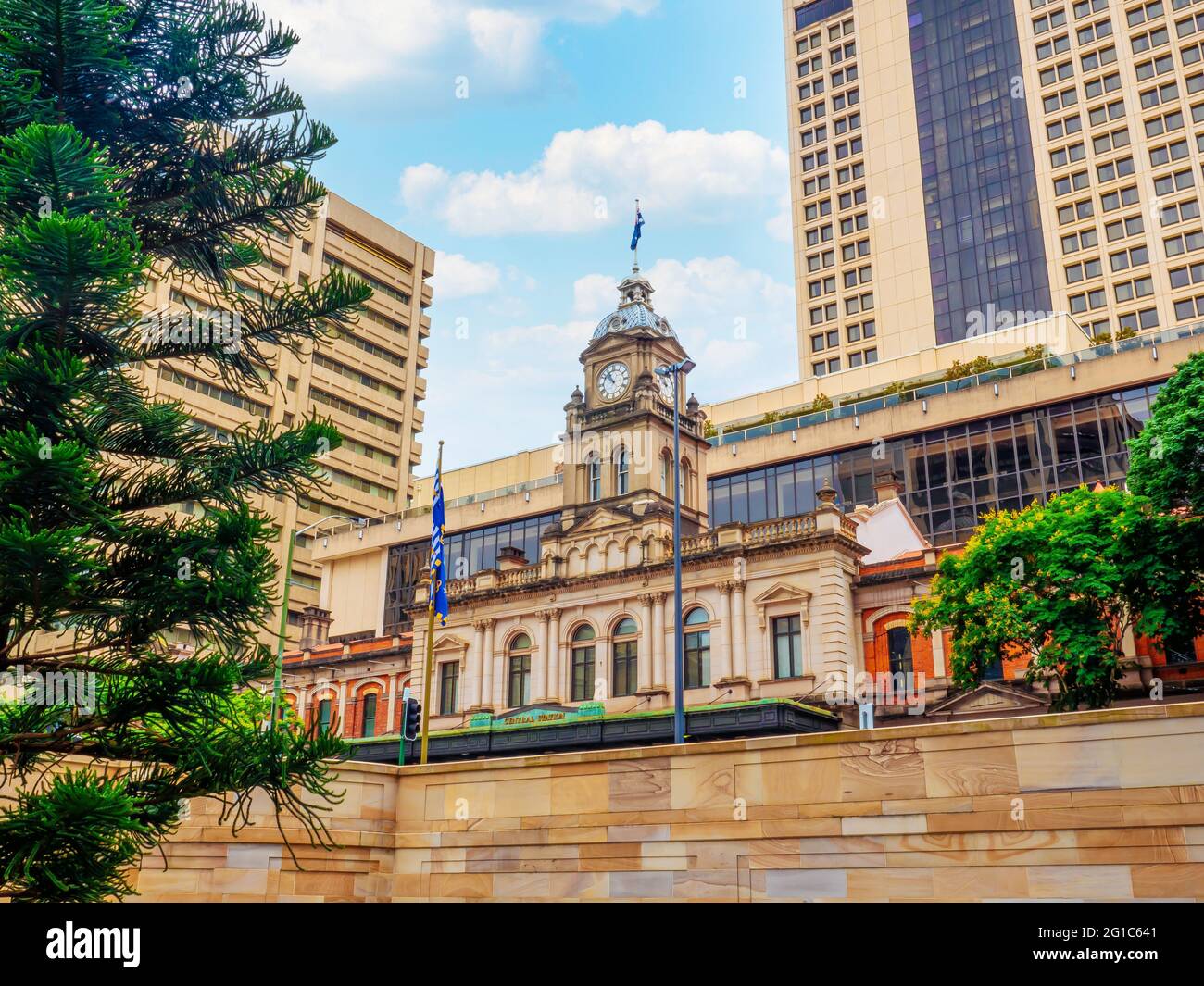Central railway station, Brisbane, Australia. Facade and hotel building behind. Brisbane, Queensland, Australia. Stock Photo