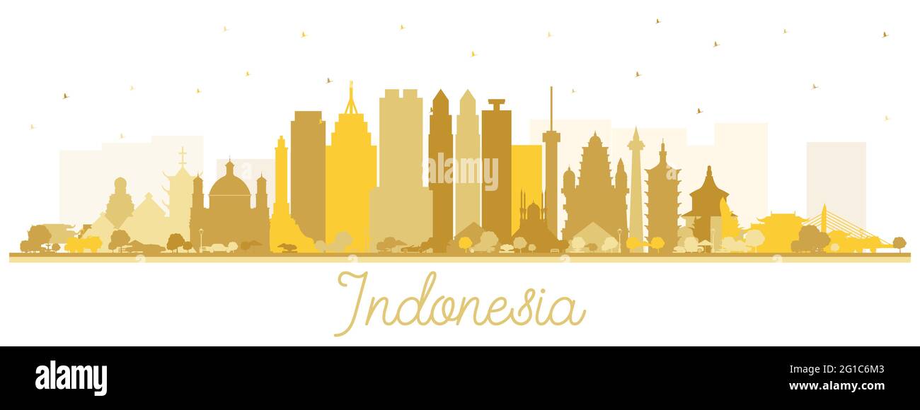 Indonesia Cities Skyline Silhouette with Golden Buildings Isolated on White. Vector Illustration. Tourism Concept with Historic Architecture. Stock Vector