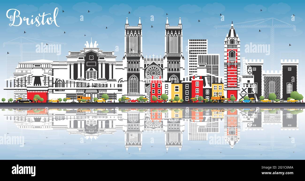 Bristol UK City Skyline with Color Buildings, Blue Sky and Reflections. Vector Illustration. Bristol England Cityscape with Landmarks. Stock Vector