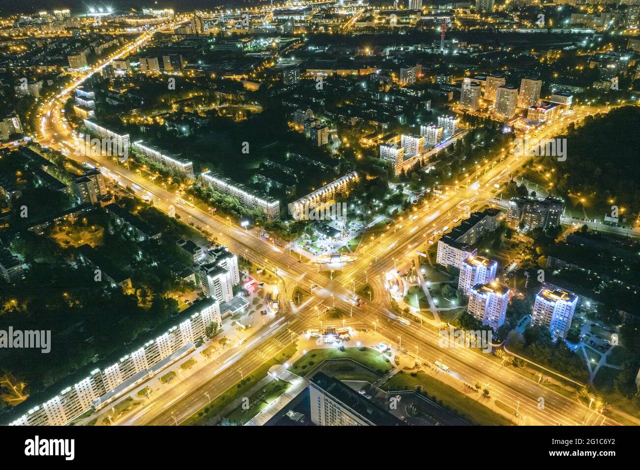 aerial night view of a road intersection in a big city. Minsk, Belarus. Stock Photo