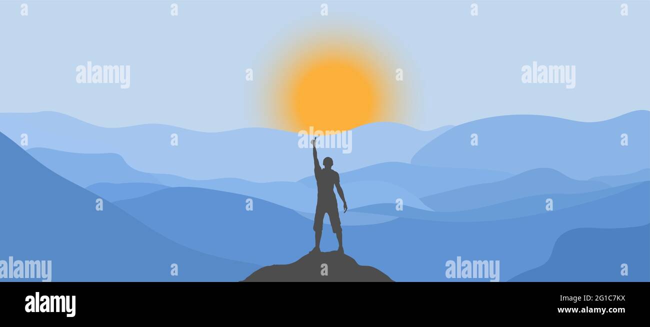 silhouette of a man on top of a mountain and the sun rising from behind ...