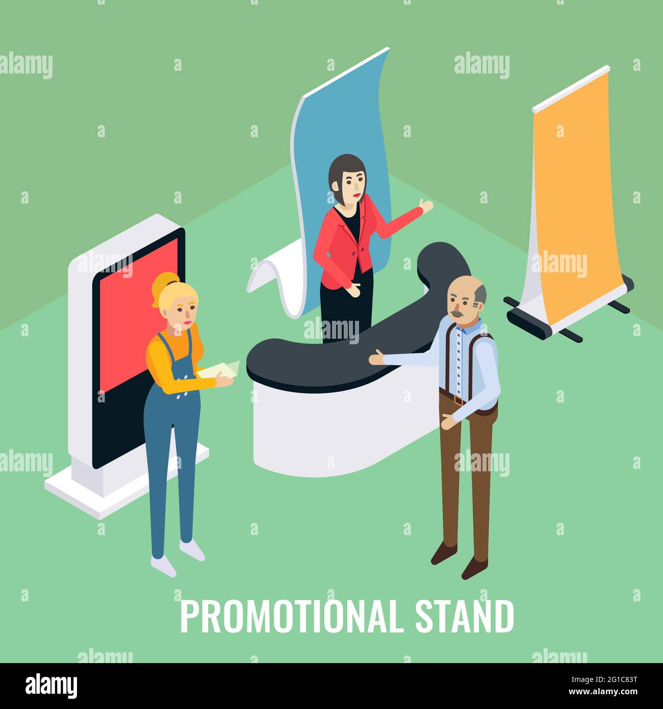 Promotional stands. Sales promoters advertising products to customer, vector isometric illustration. Exhibition booth. Stock Vector