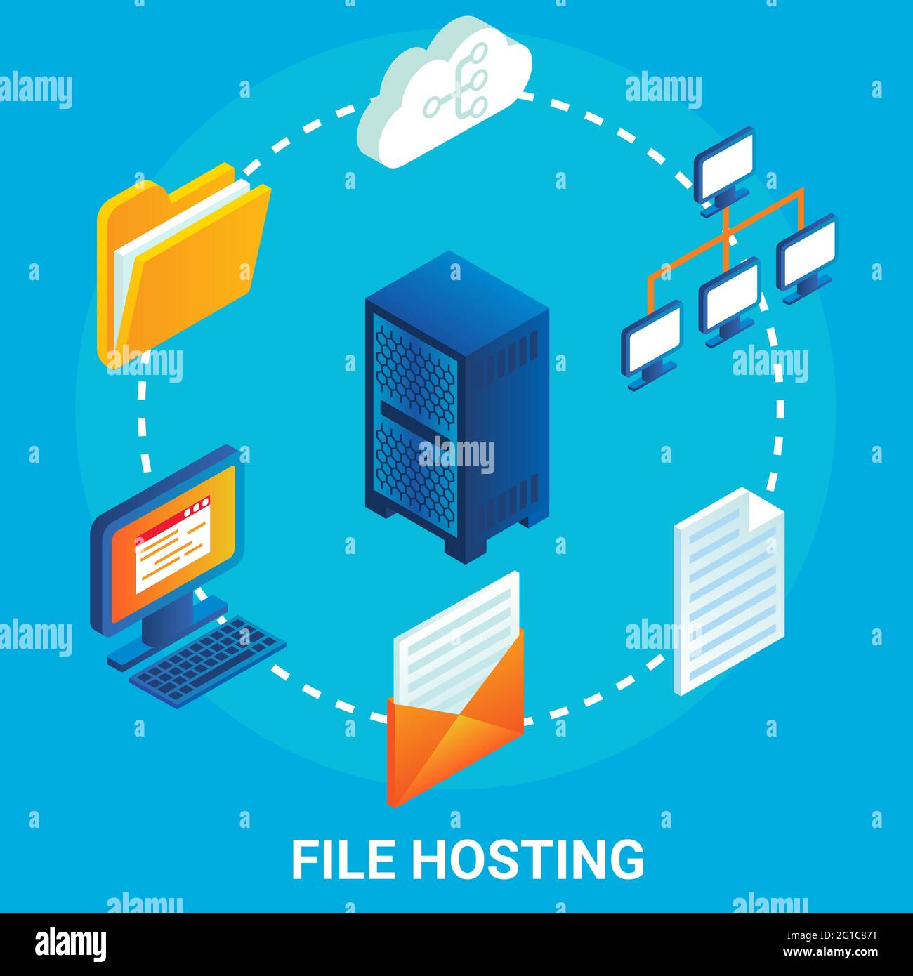 File hosting service flowchart, vector illustration. Isometric server racks, file folder, computer, email, cloud storage Stock Vector