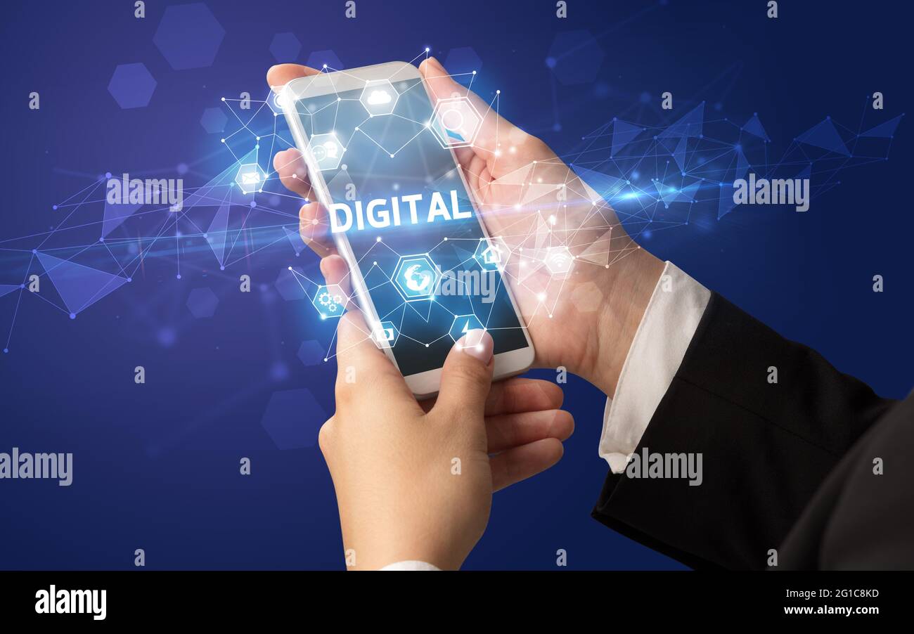 Using Phone Technology Hand using smartphone with technology concept Stock Photo - Alamy