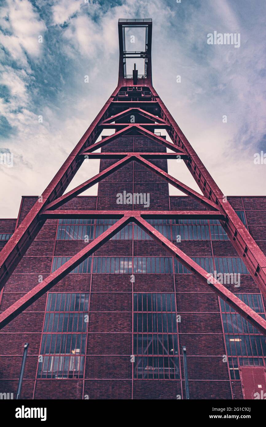 Zeche Zollverein shaft 12. View in a beautiful evening atmosphere. The Eiffel Tower of the Ruhr area. Industrial culture and industrial complex UNESCO. Stock Photo