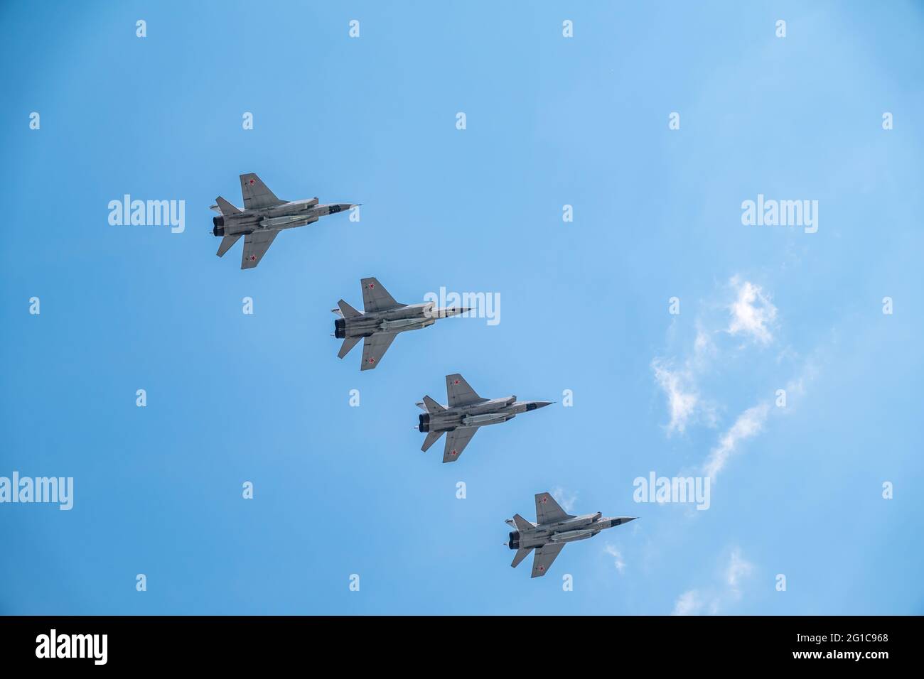 Moscow, Russia - May, 05, 2021: Four MIG-31K, Foxhound, with Kh-47M2 Kinzhal missle flying over Red Square during the preparation of the May 9 parade. Stock Photo