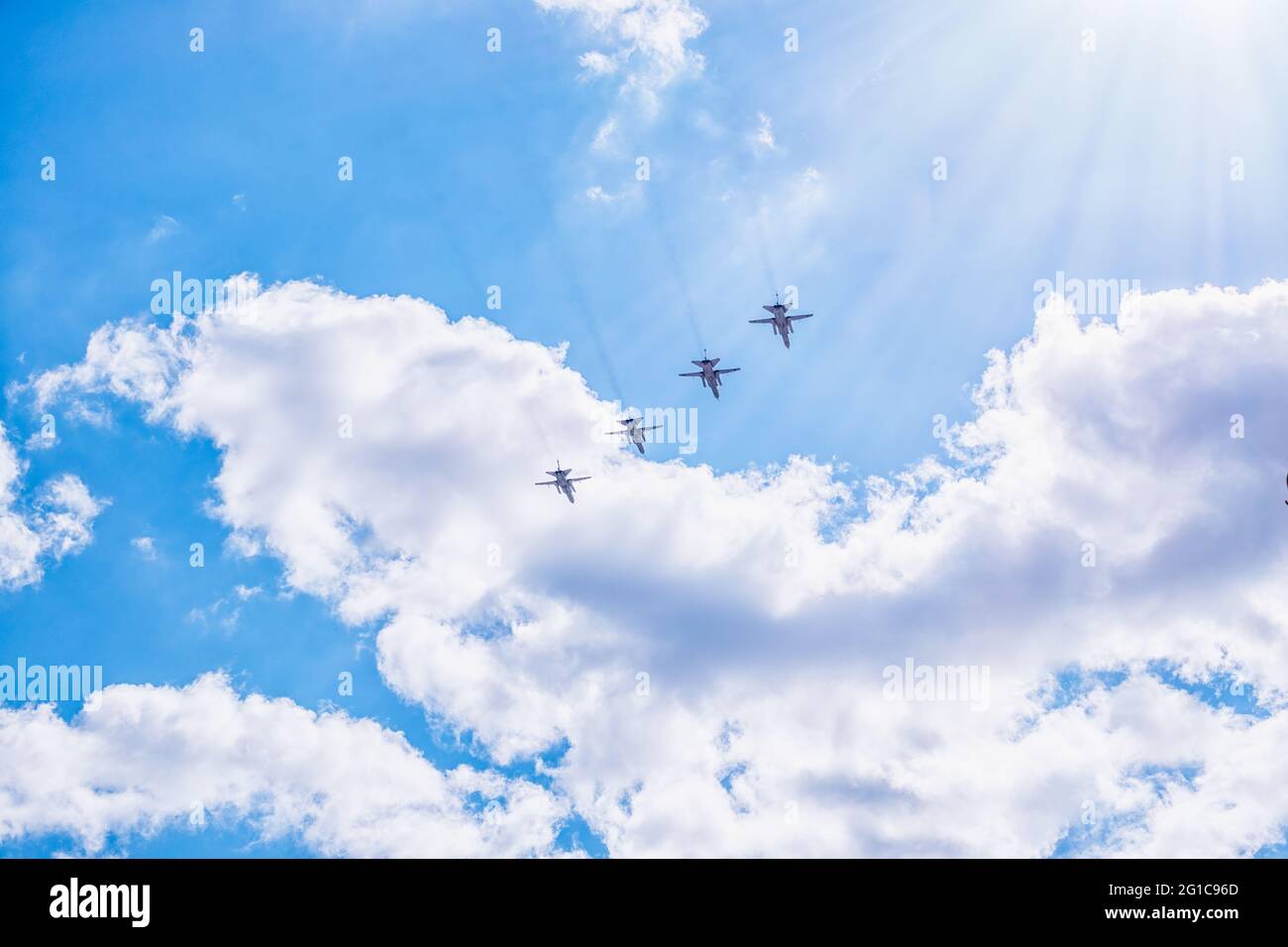 Moscow, Russia - May, 05, 2021: Sukhoi SU-24 flying over Red Square during the preparation of the Victory Day May 9 parade. Stock Photo