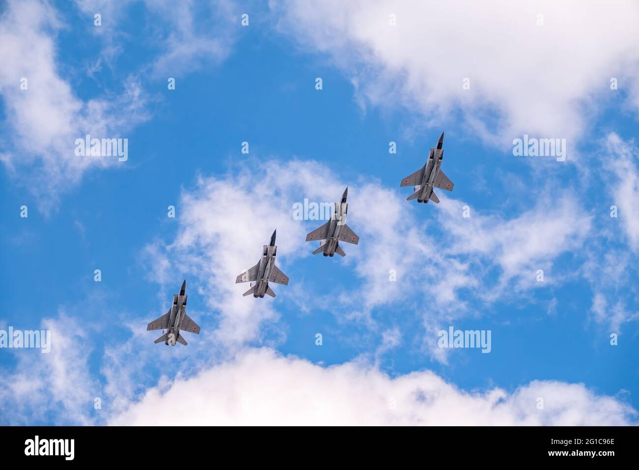 Moscow, Russia - May, 05, 2021: Four MIG-31K, Foxhound, with Kh-47M2 Kinzhal missle flying over Red Square during the preparation of the May 9 parade. Stock Photo