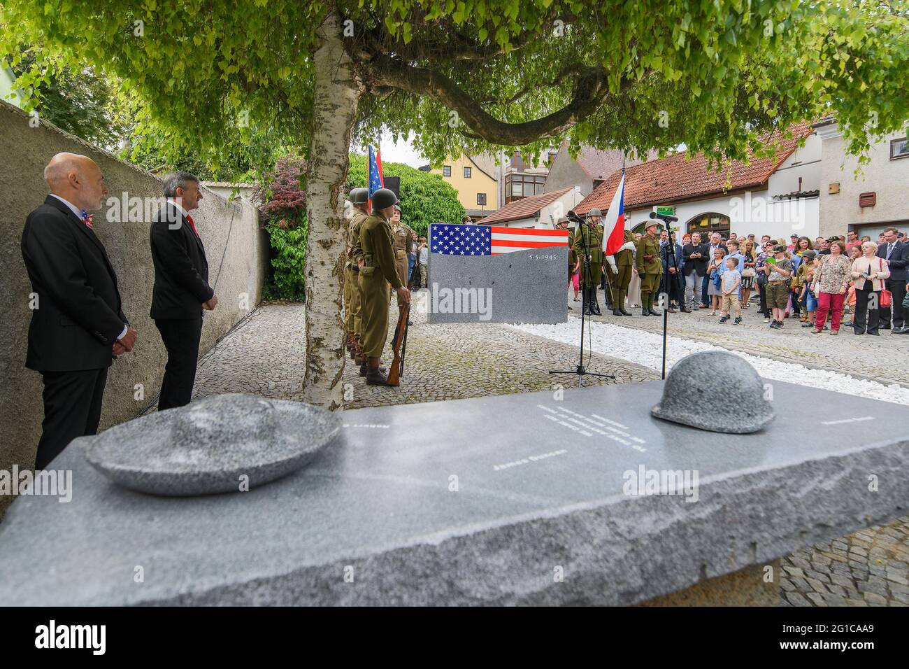 Domazlice, Czech Republic. 06th June, 2021. A new memorial of liberation, initiated by families of four U.S. war veterans who received honorary citizenship of Domazlice in 2016, was unveiled in the centre of the town of Domazlice, Czech Republic, on June 6, 2021, on the anniversary of the invasion of the Allied Forces in Normandy in 1944. Credit: Miroslav Chaloupka/CTK Photo/Alamy Live News Stock Photo