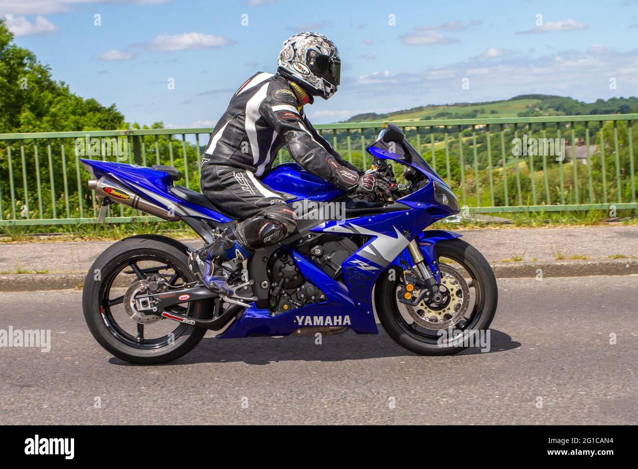 2005 blue Yamaha Yzf R1 05 blue 998cc supersports motorcycle, Motorbike rider; two wheeled transport, motorcycles, vehicle, roads, motorbikes, motorcycle bike riders motoring in Chorley, UK Stock Photo
