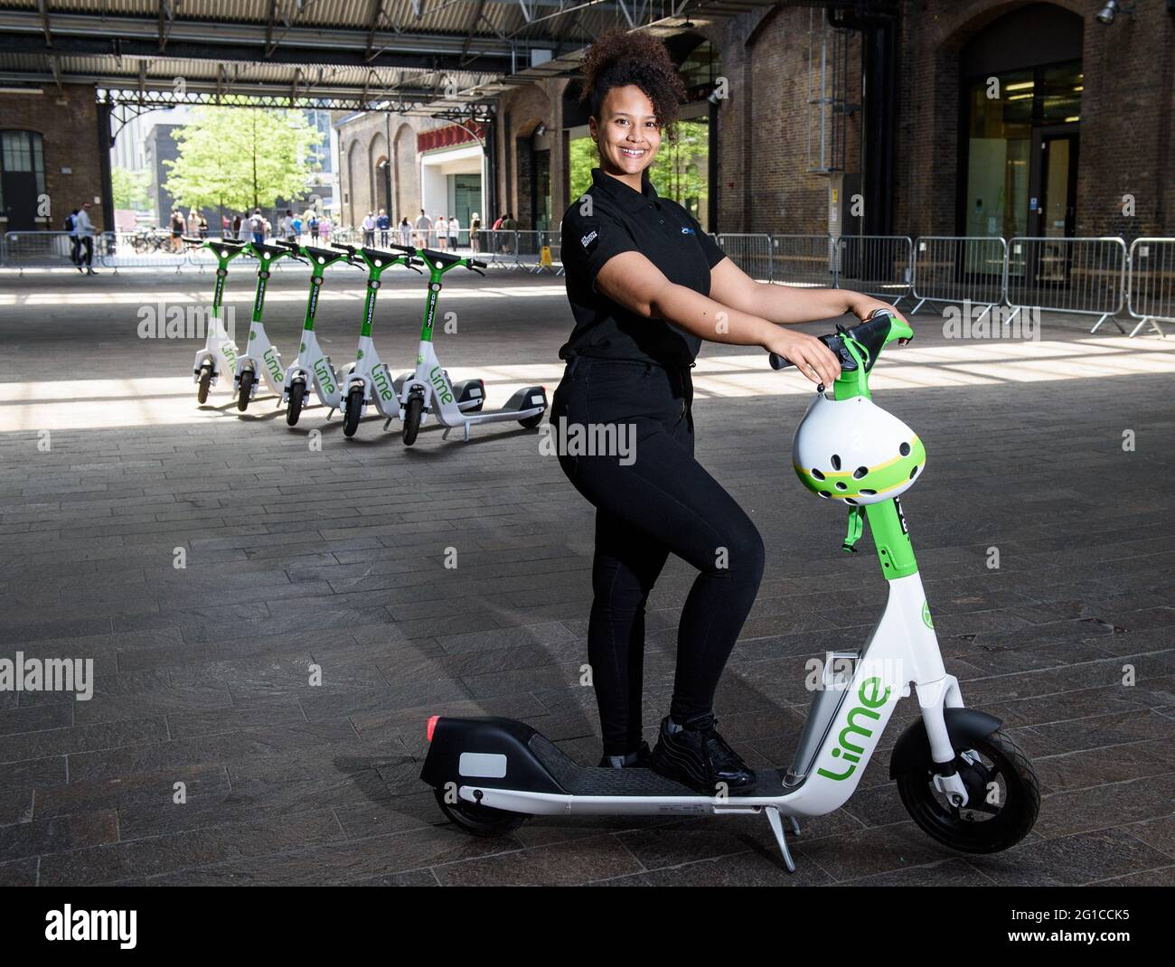 EDITORIAL USE ONLY Maria De Maio rides an electric scooter as Lime  announces a year-long trial in partnership with TfL, which will see 200 of  its latest Gen4 e-scooters available across London