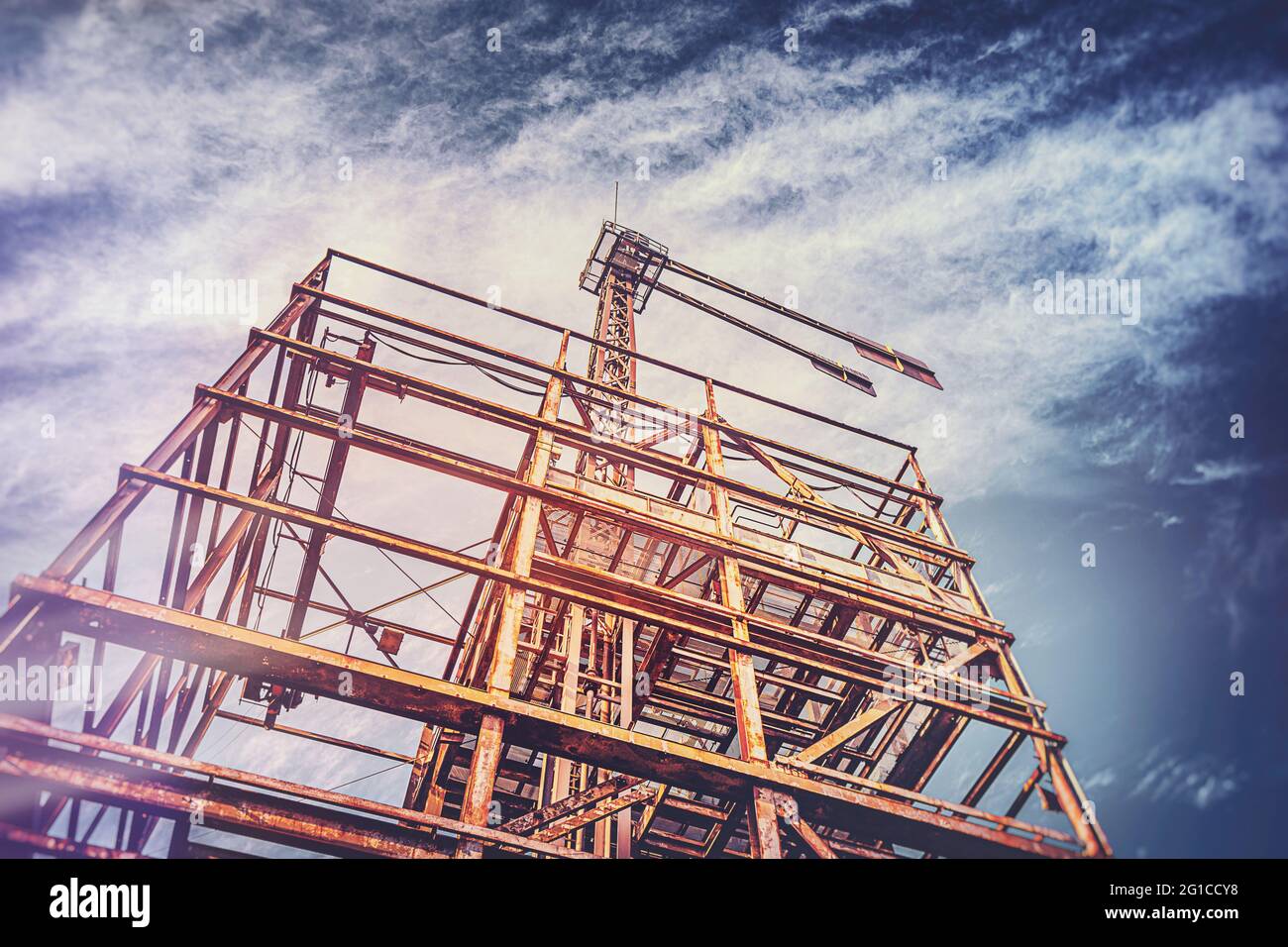 Stairway to heaven. In the heart of industrial culture on the steel frame in the landscape park Duisburg Nord. Steel works, colliery, scaffolding. Stock Photo