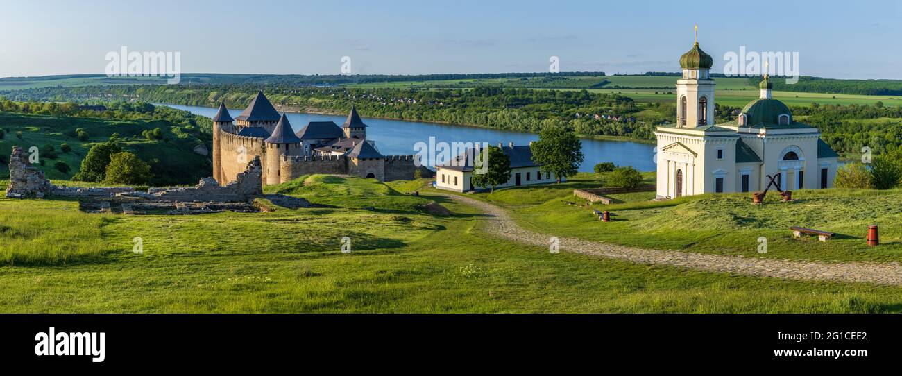 The Khotyn Fortress is a fortification complex located on the right bank of the Dniester River in Khotyn, Chernivtsi Oblast of western Ukraine. Stock Photo