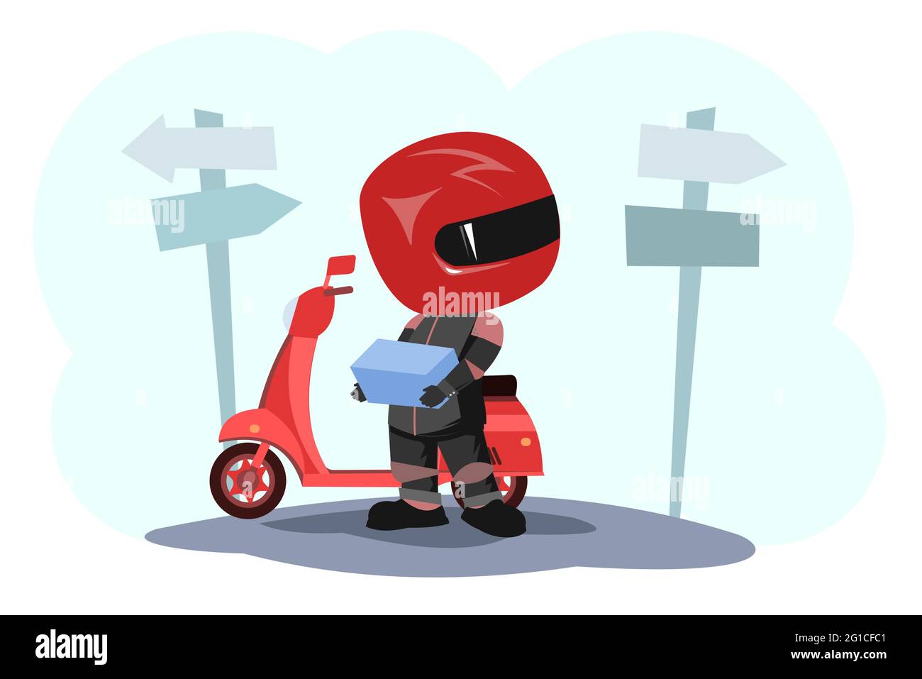 Scooter driver. Biker Cartoon. Child illustration. Lost. In a sports uniform and a red helmet. Cool motorcyclist. Isolated on white background. Vector Stock Vector