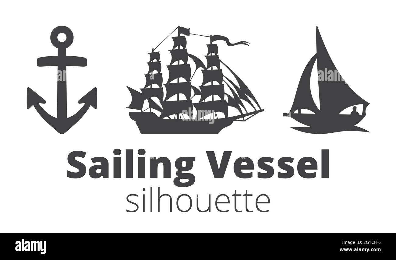 Sailing vessel silhouette icon in black. Anchor emblem. Sailing ship types on white background. Vector print illustration Stock Vector
