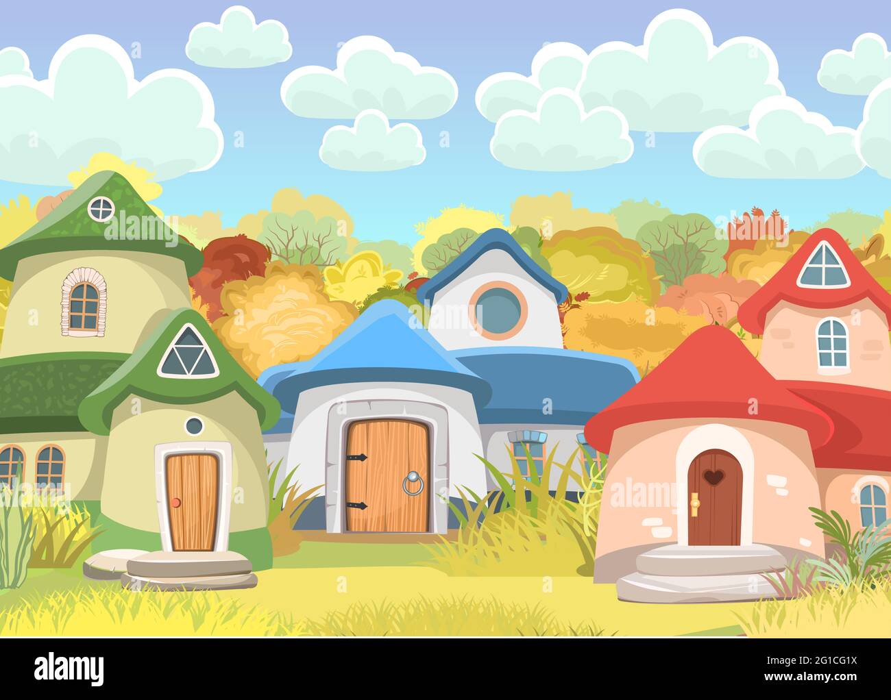 Village of gnomes. Fabulous town with cute little houses. Clouds. Beautiful  cartoon landscape. Meadow against background of forest. Childrens Stock  Vector Image & Art - Alamy