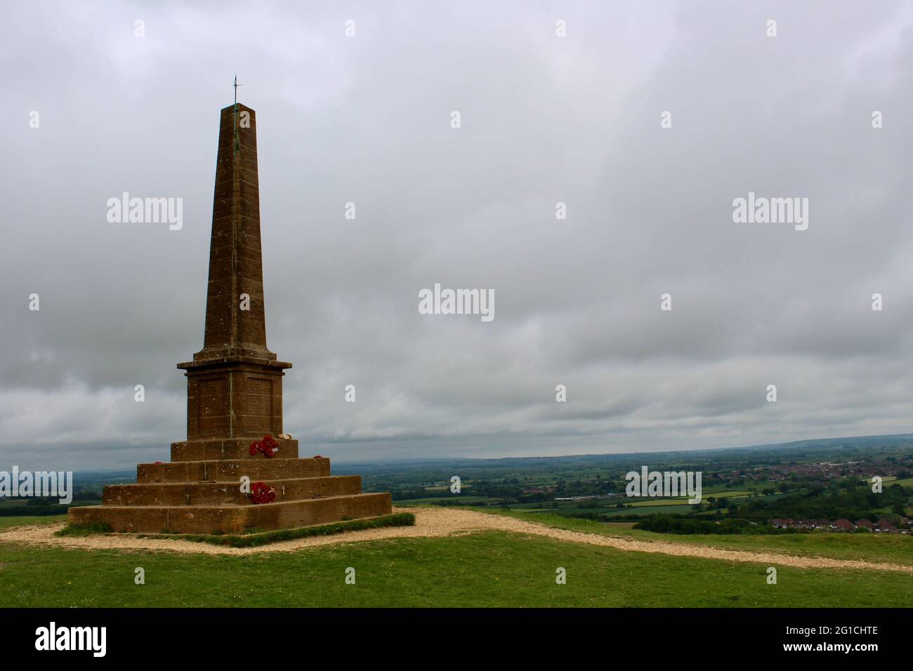 War Memorial at Ham Hill Country Park with extensive veiws towards the Mendips and Quantocks. Stock Photo