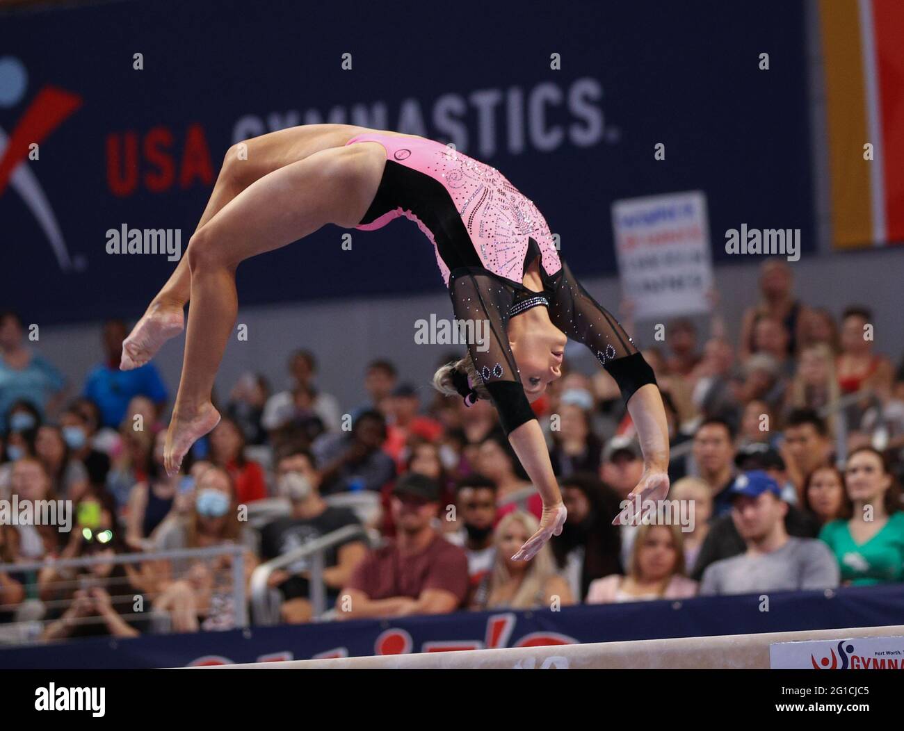 June 6, 2021: MyKayla Skinner does a tumbling pass on the balance beam during Day 2 of the Senior Women's 2021 U.S. Gymnastics Championships at Dickies Arena in Fort Worth, TX. Kyle Okita/CSM Stock Photo