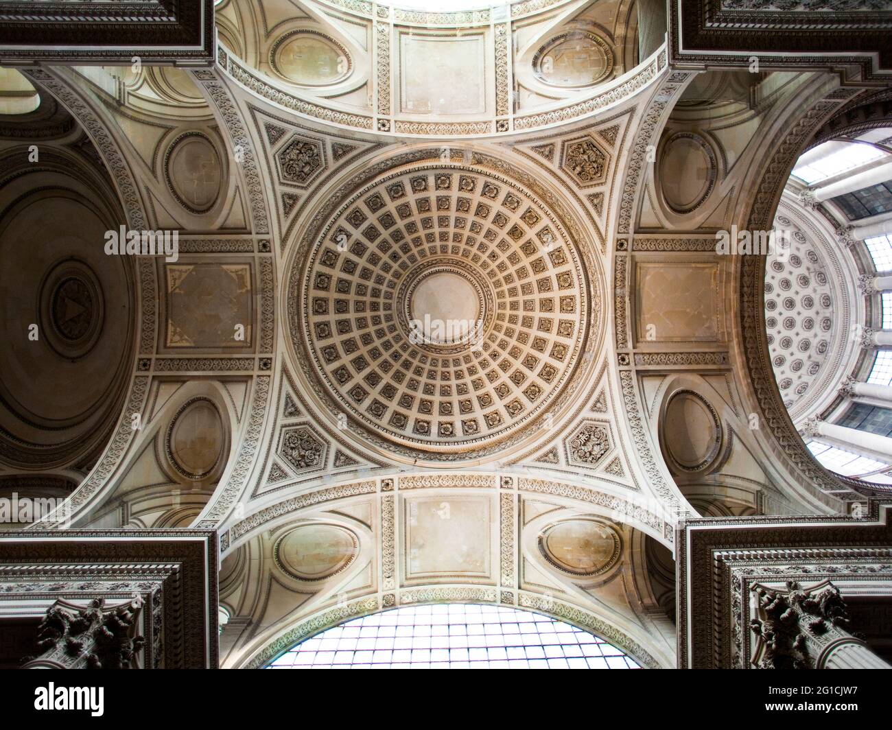 Interior of the Pantheon showing the inside of the dome alongside intricate tiles, and architectural columns, Paris, France, 2012 Stock Photo